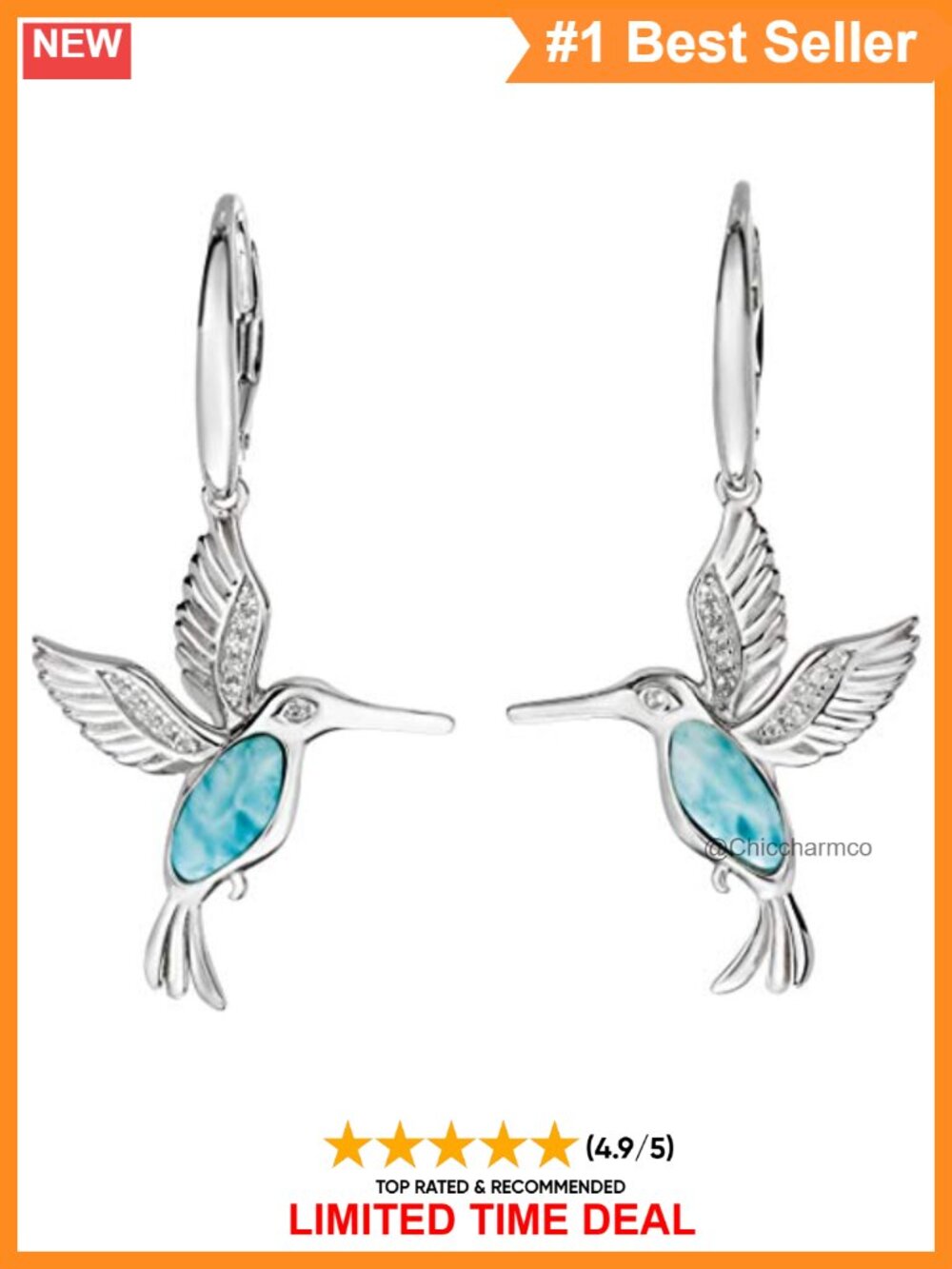 925 Sterling Silver Larimar Hummingbird Dangle Earrings Gift Box